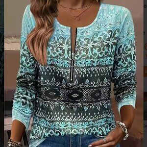 Shein Floral Geometric Print Long Sleeve Top Size Large Casual Stretch Tee